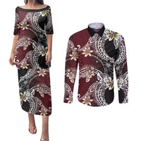 Polynesian Hawaiian Plumeria Tribal Pattern Couples Matching Puletasi and Long Sleeve Button Shirt Special Wine Red Version LT01 Red - Polynesian Pride