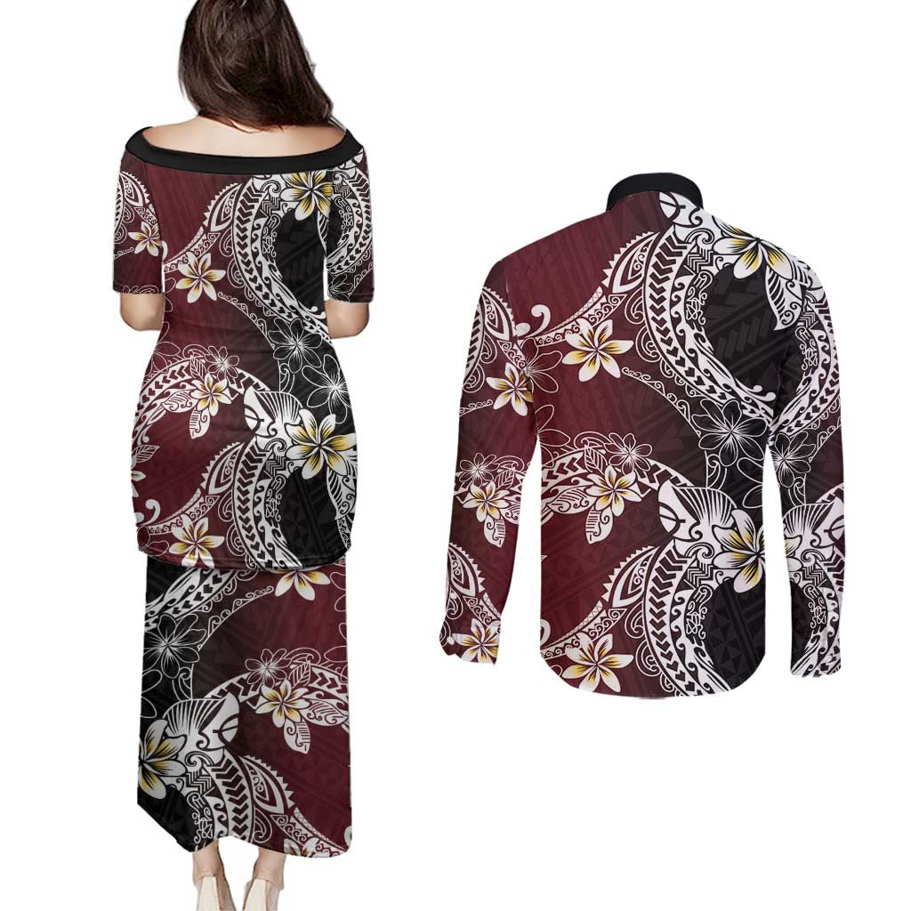 Polynesian Hawaiian Plumeria Tribal Pattern Couples Matching Puletasi and Long Sleeve Button Shirt Special Wine Red Version LT01 - Polynesian Pride