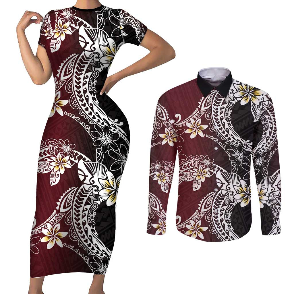 Polynesian Hawaiian Plumeria Tribal Pattern Couples Matching Short Sleeve Bodycon Dress and Long Sleeve Button Shirt Special Wine Red Version LT01 Red - Polynesian Pride