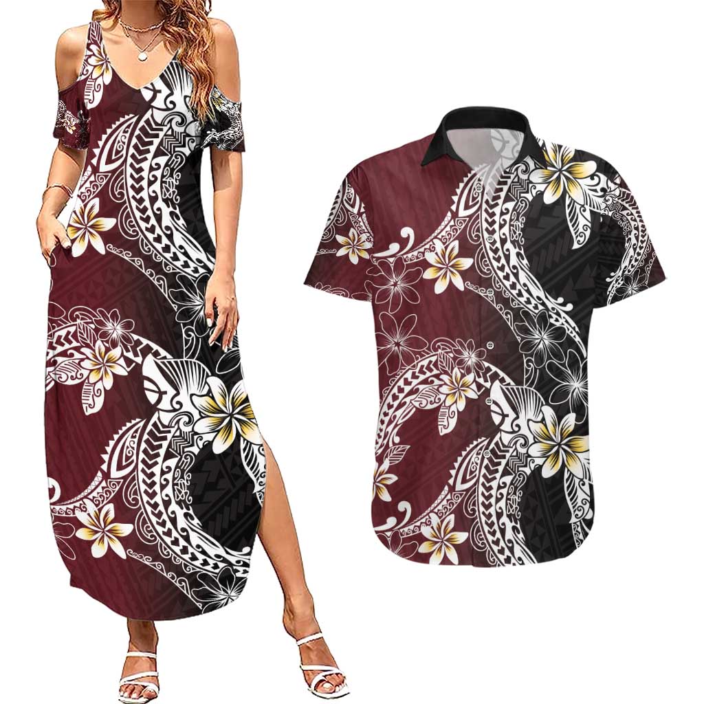 Polynesian Hawaiian Plumeria Tribal Pattern Couples Matching Summer Maxi Dress and Hawaiian Shirt Special Wine Red Version LT01 Red - Polynesian Pride