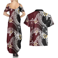 Polynesian Hawaiian Plumeria Tribal Pattern Couples Matching Summer Maxi Dress and Hawaiian Shirt Special Wine Red Version LT01 - Polynesian Pride