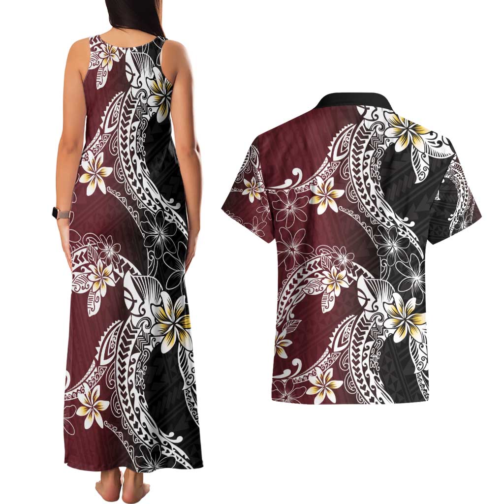 Polynesian Hawaiian Plumeria Tribal Pattern Couples Matching Tank Maxi Dress and Hawaiian Shirt Special Wine Red Version LT01 - Polynesian Pride