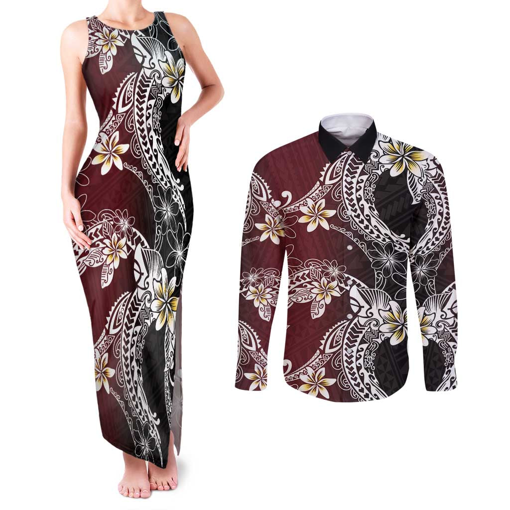 Polynesian Hawaiian Plumeria Tribal Pattern Couples Matching Tank Maxi Dress and Long Sleeve Button Shirt Special Wine Red Version LT01 Red - Polynesian Pride