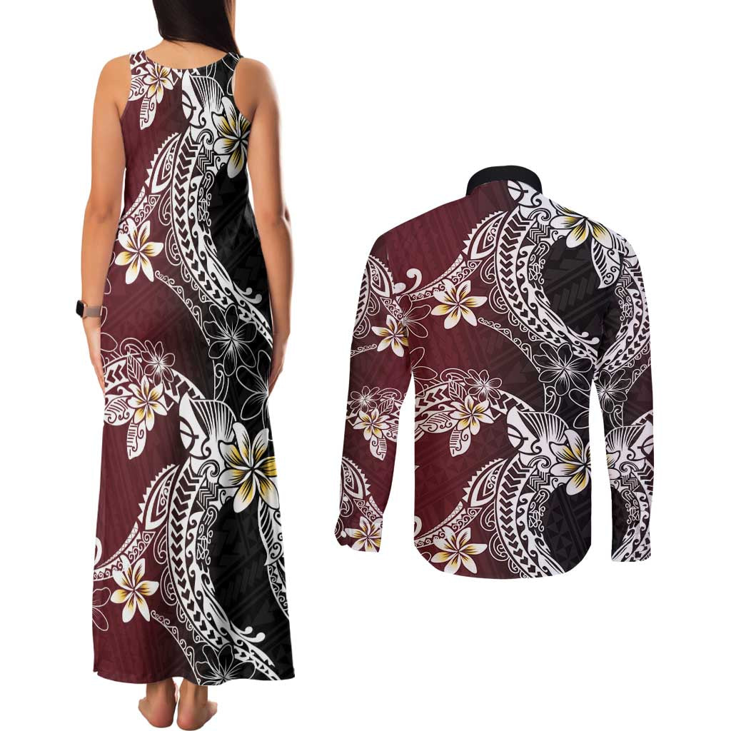 Polynesian Hawaiian Plumeria Tribal Pattern Couples Matching Tank Maxi Dress and Long Sleeve Button Shirt Special Wine Red Version LT01 - Polynesian Pride
