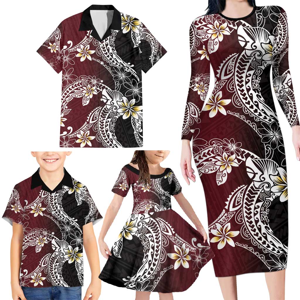 Polynesian Hawaiian Plumeria Tribal Pattern Family Matching Long Sleeve Bodycon Dress and Hawaiian Shirt Special Wine Red Version