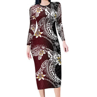 Polynesian Hawaiian Plumeria Tribal Pattern Family Matching Long Sleeve Bodycon Dress and Hawaiian Shirt Special Wine Red Version