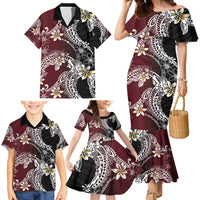Polynesian Hawaiian Plumeria Tribal Pattern Family Matching Mermaid Dress and Hawaiian Shirt Special Wine Red Version