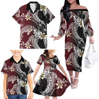 Polynesian Hawaiian Plumeria Tribal Pattern Family Matching Off The Shoulder Long Sleeve Dress and Hawaiian Shirt Special Wine Red Version