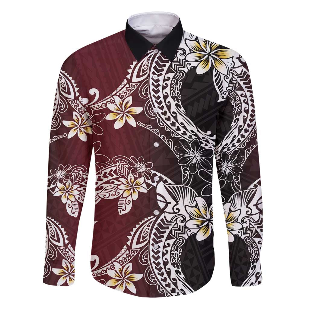 Polynesian Hawaiian Plumeria Tribal Pattern Family Matching Off Shoulder Maxi Dress and Hawaiian Shirt Special Wine Red Version