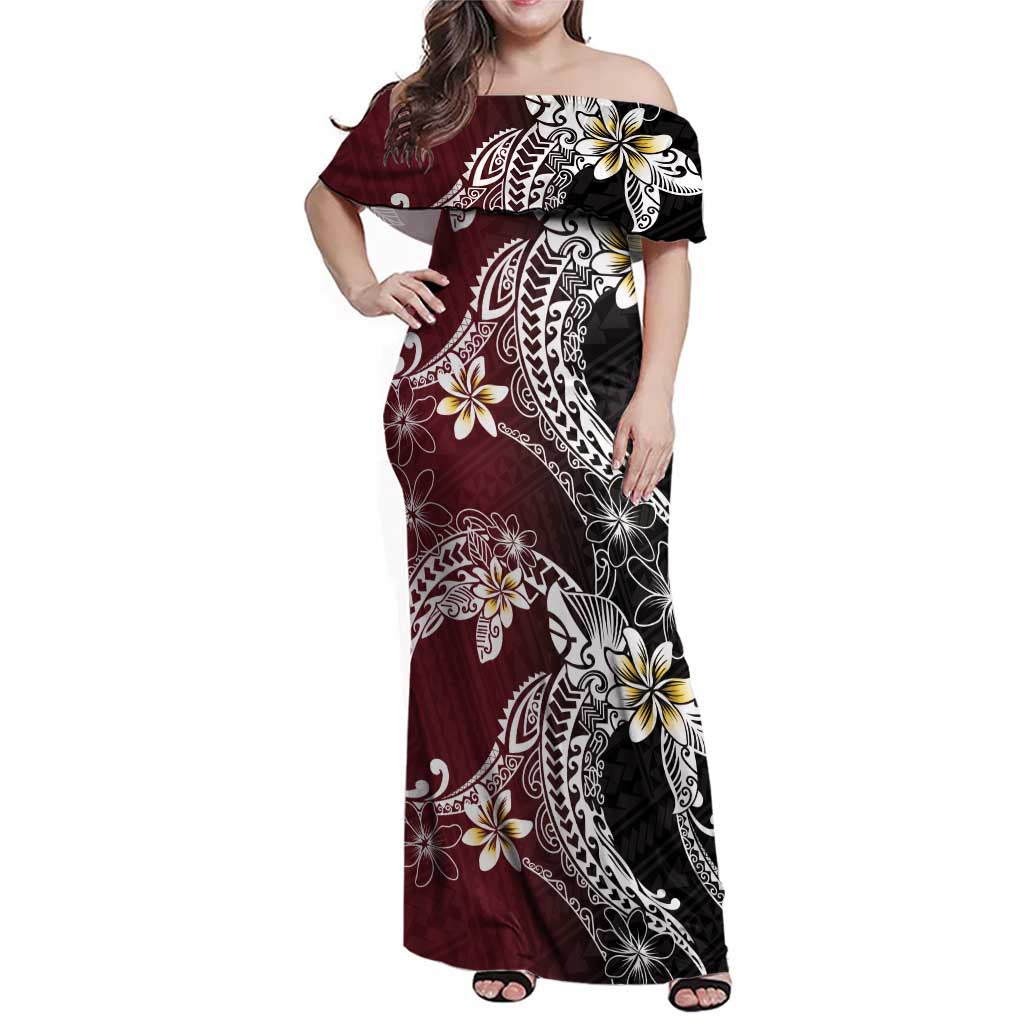 Polynesian Hawaiian Plumeria Tribal Pattern Family Matching Off Shoulder Maxi Dress and Hawaiian Shirt Special Wine Red Version