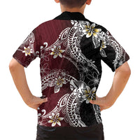 Polynesian Hawaiian Plumeria Tribal Pattern Family Matching Off Shoulder Short Dress and Hawaiian Shirt Special Wine Red Version