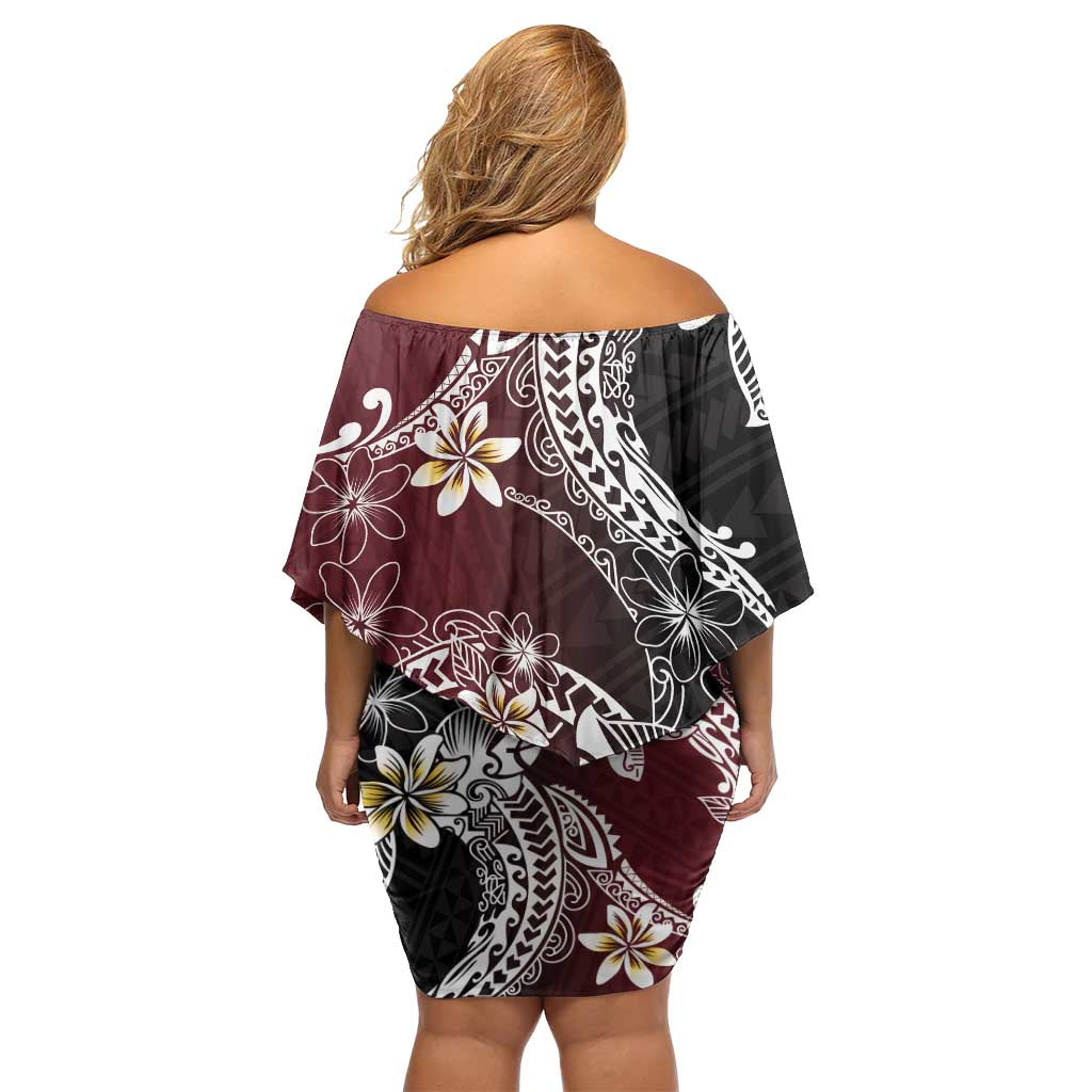 Polynesian Hawaiian Plumeria Tribal Pattern Family Matching Off Shoulder Short Dress and Hawaiian Shirt Special Wine Red Version