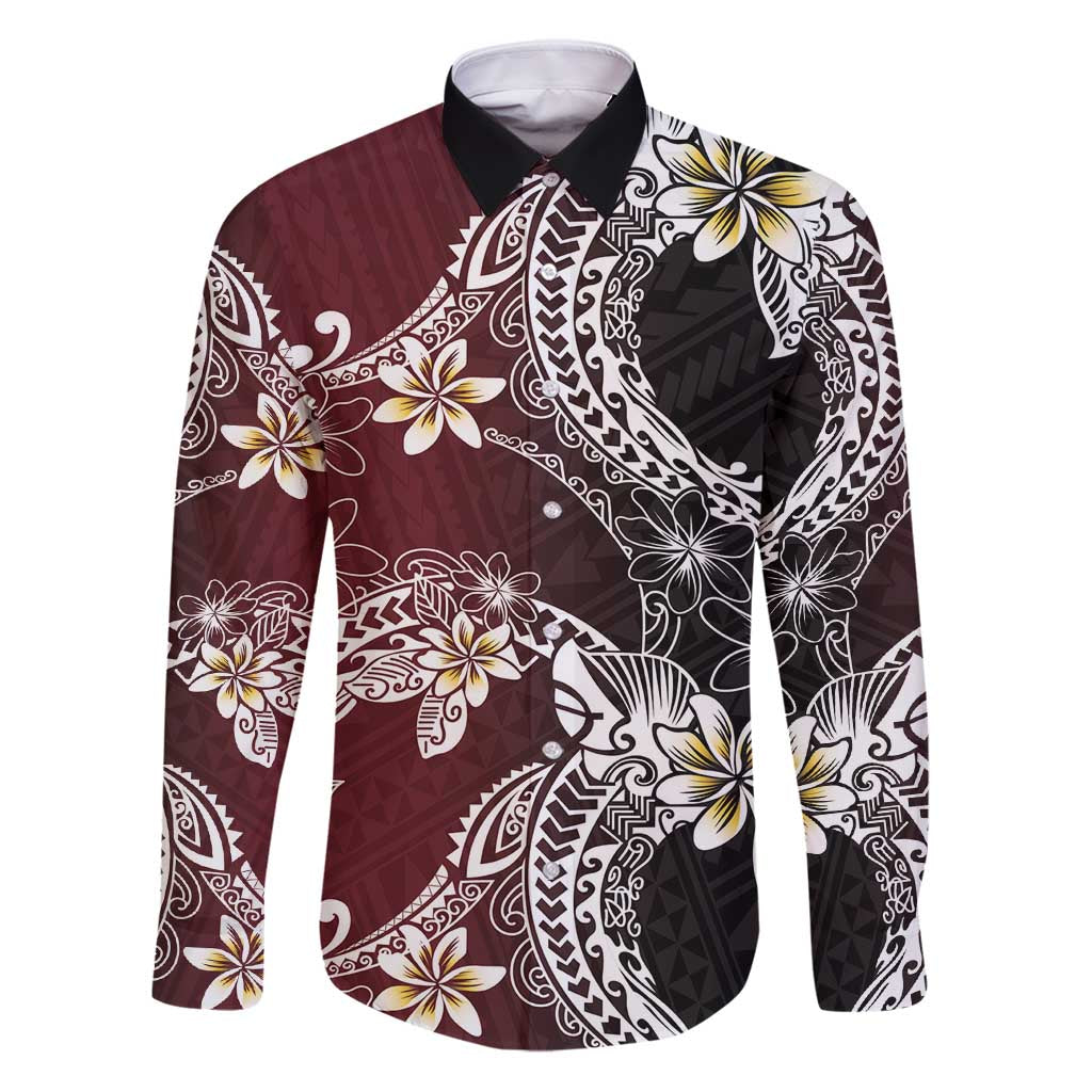 Polynesian Hawaiian Plumeria Tribal Pattern Family Matching Puletasi and Hawaiian Shirt Special Wine Red Version