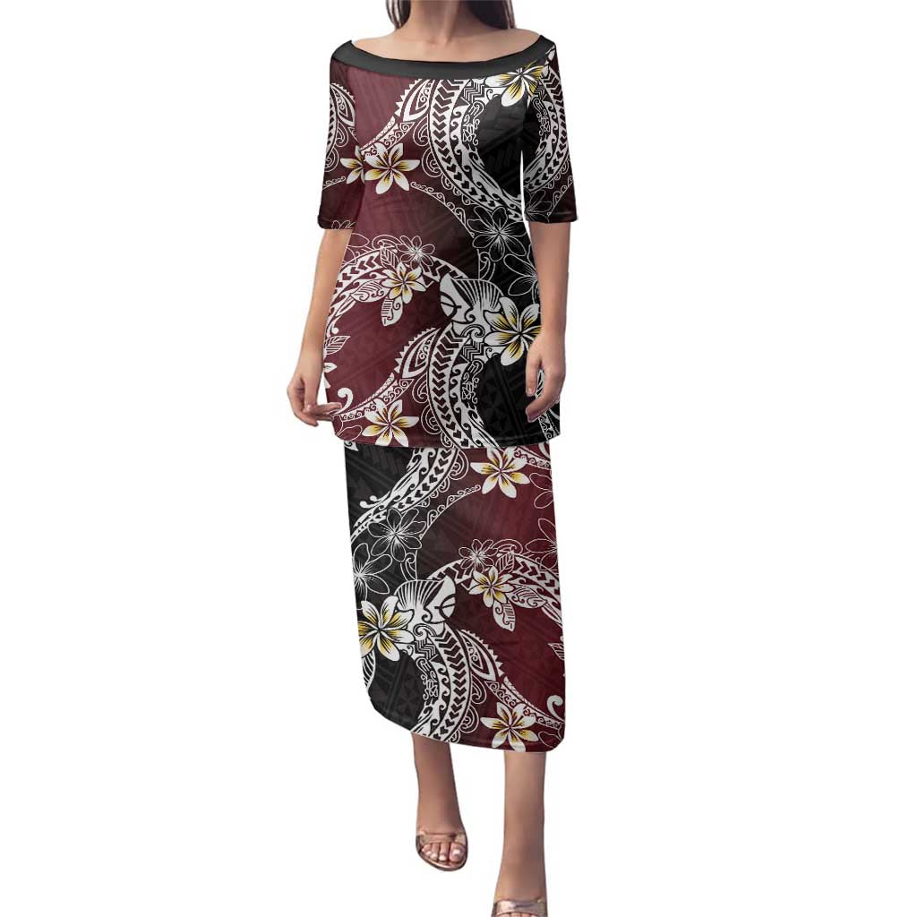 Polynesian Hawaiian Plumeria Tribal Pattern Family Matching Puletasi and Hawaiian Shirt Special Wine Red Version