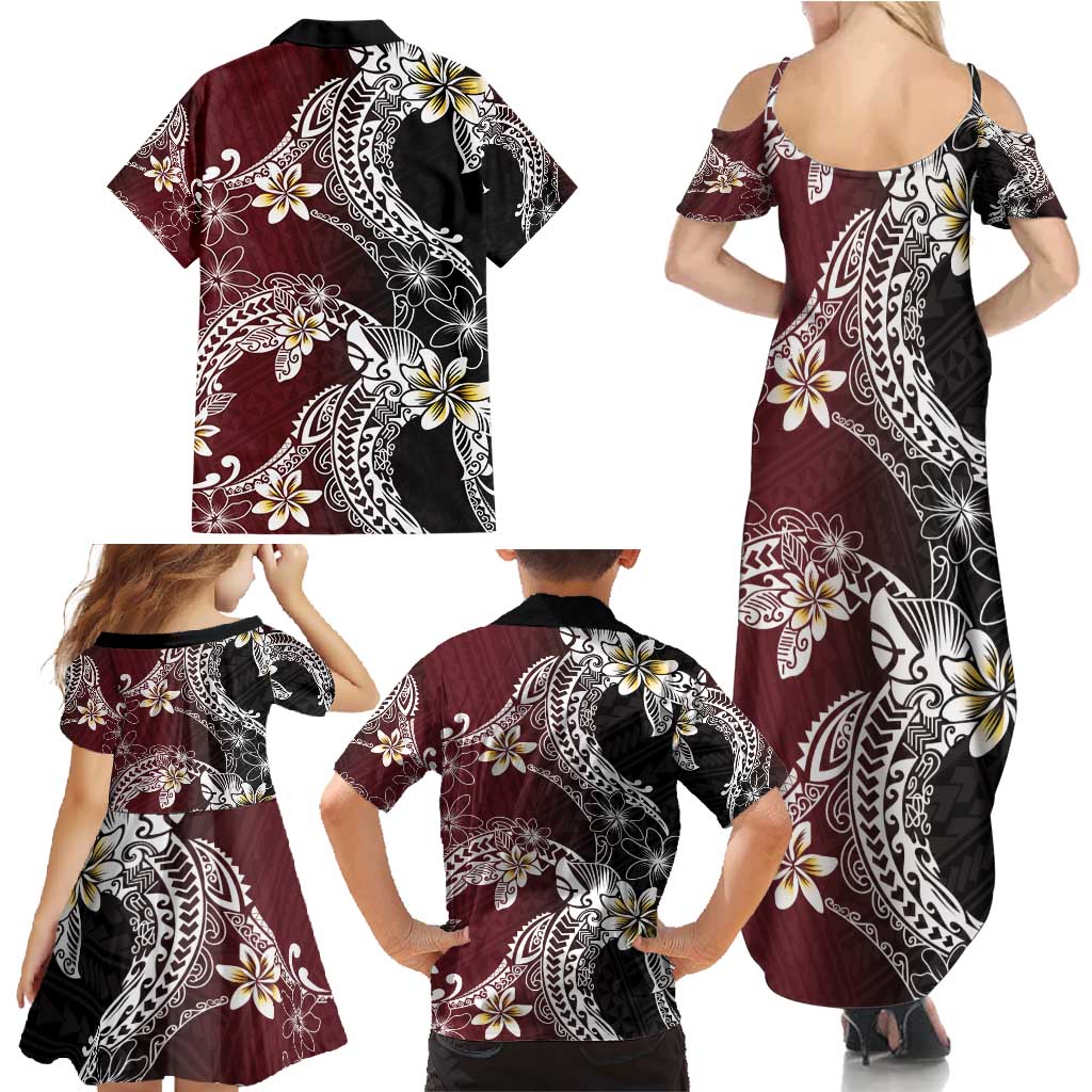 Polynesian Hawaiian Plumeria Tribal Pattern Family Matching Summer Maxi Dress and Hawaiian Shirt Special Wine Red Version