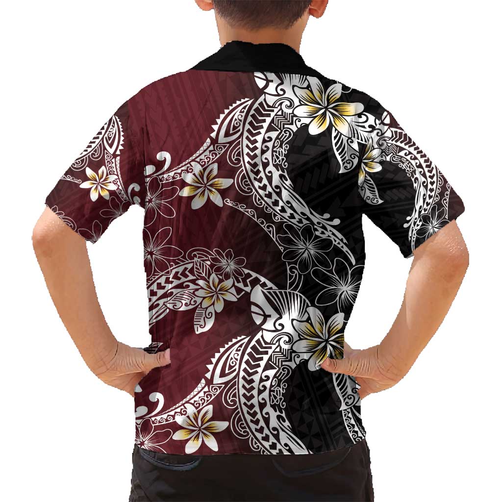 Polynesian Hawaiian Plumeria Tribal Pattern Family Matching Tank Maxi Dress and Hawaiian Shirt Special Wine Red Version
