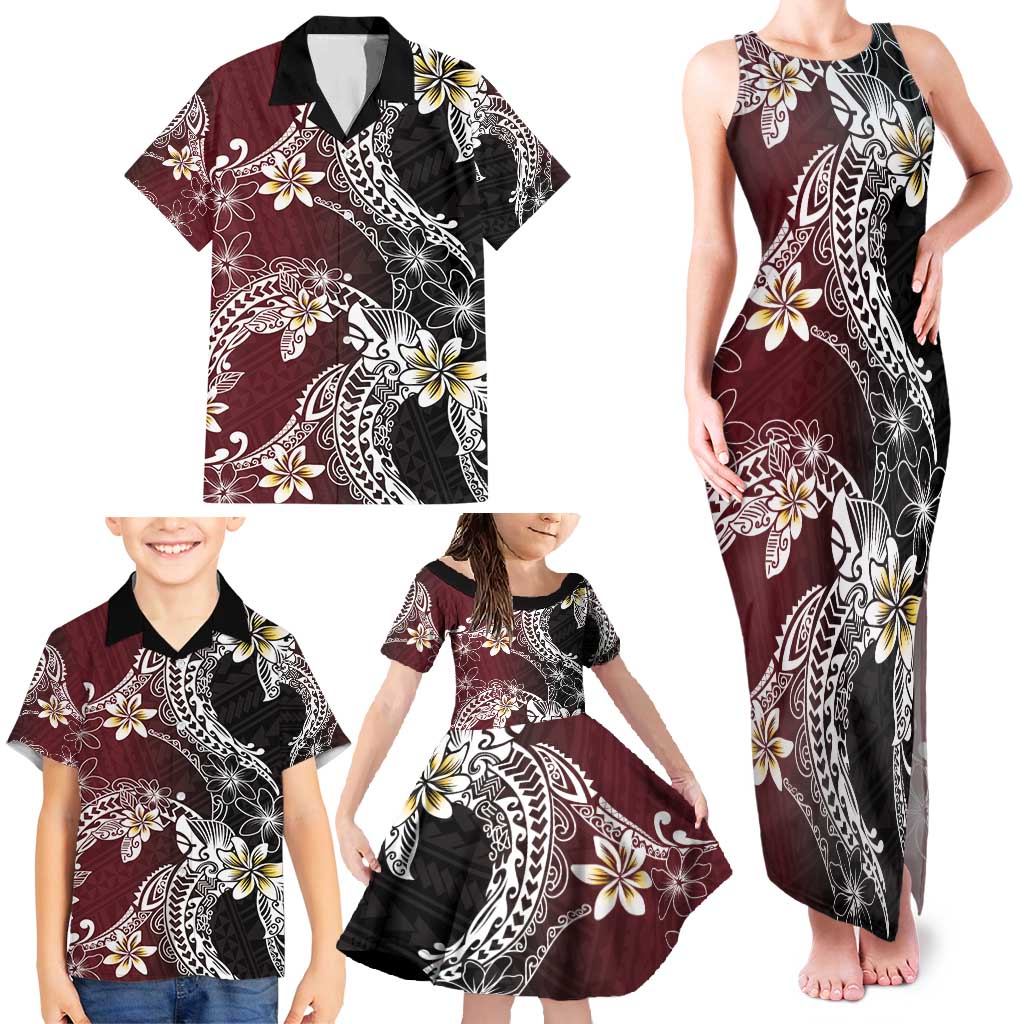 Polynesian Hawaiian Plumeria Tribal Pattern Family Matching Tank Maxi Dress and Hawaiian Shirt Special Wine Red Version