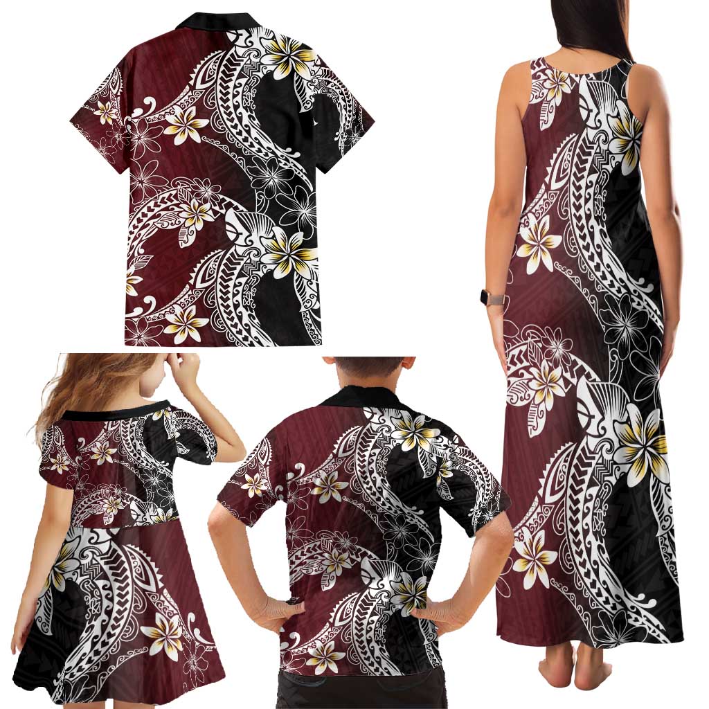 Polynesian Hawaiian Plumeria Tribal Pattern Family Matching Tank Maxi Dress and Hawaiian Shirt Special Wine Red Version