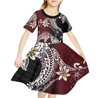 Polynesian Hawaiian Plumeria Tribal Pattern Kid Short Sleeve Dress Special Wine Red Version