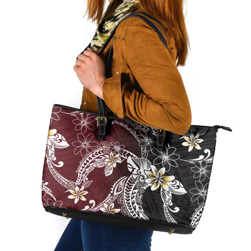 Polynesian Hawaiian Plumeria Tribal Pattern Leather Tote Bag Special Wine Red Version