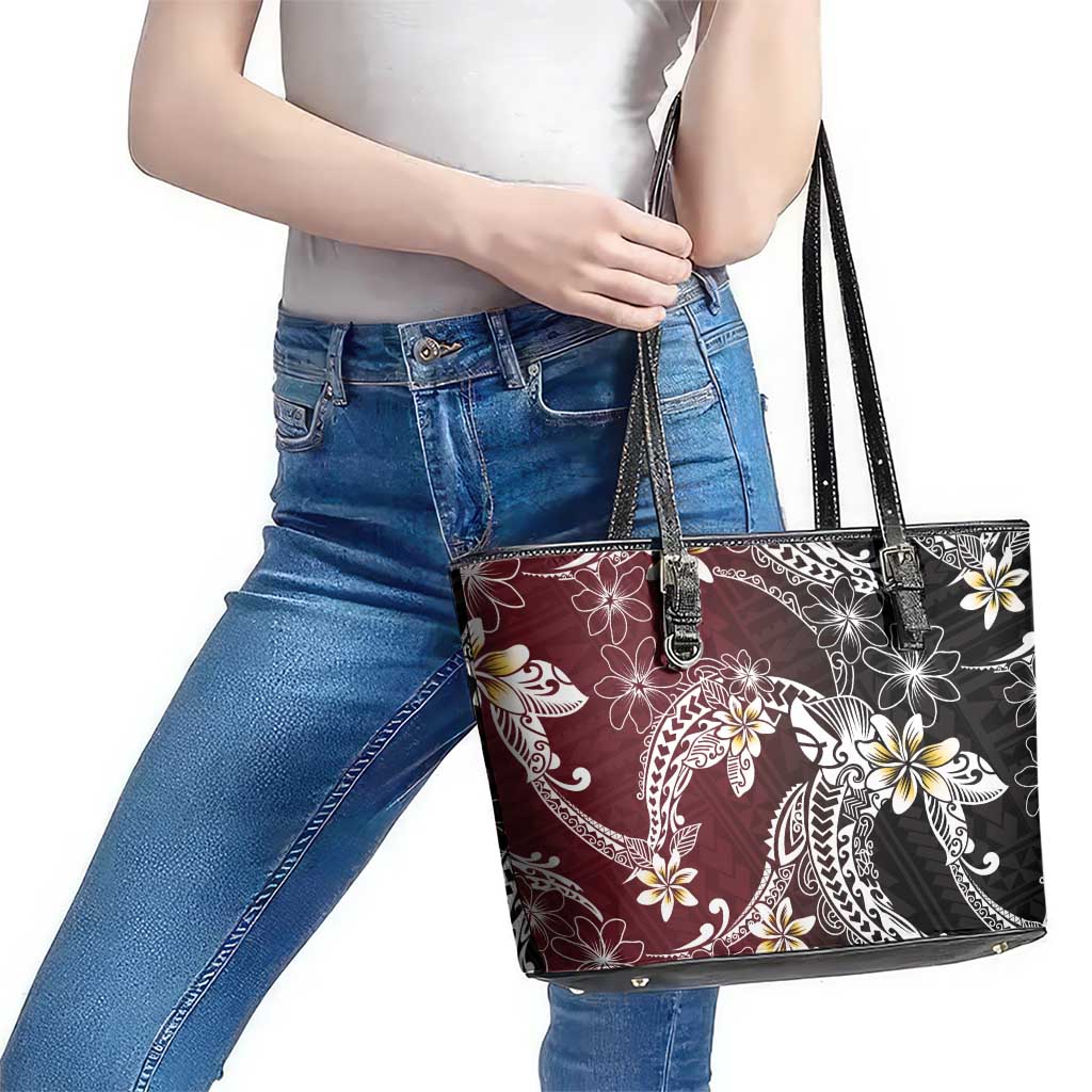 Polynesian Hawaiian Plumeria Tribal Pattern Leather Tote Bag Special Wine Red Version