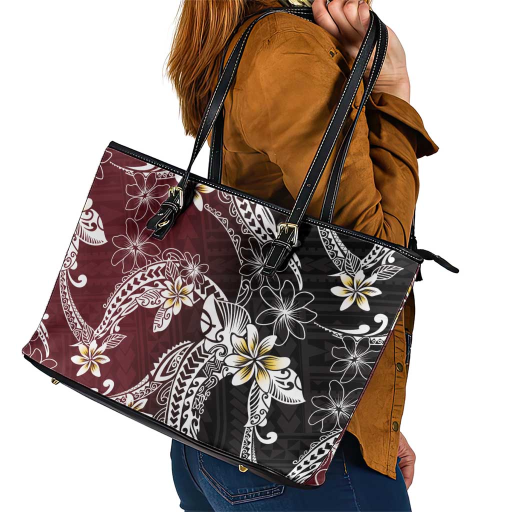 Polynesian Hawaiian Plumeria Tribal Pattern Leather Tote Bag Special Wine Red Version