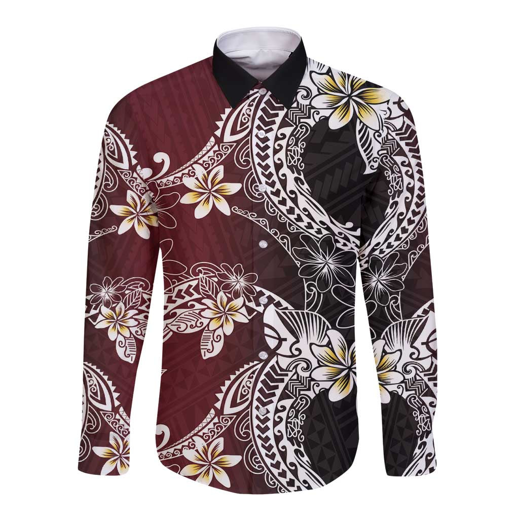 Polynesian Hawaiian Plumeria Tribal Pattern Long Sleeve Button Shirt Special Wine Red Version LT01 Unisex Red - Polynesian Pride