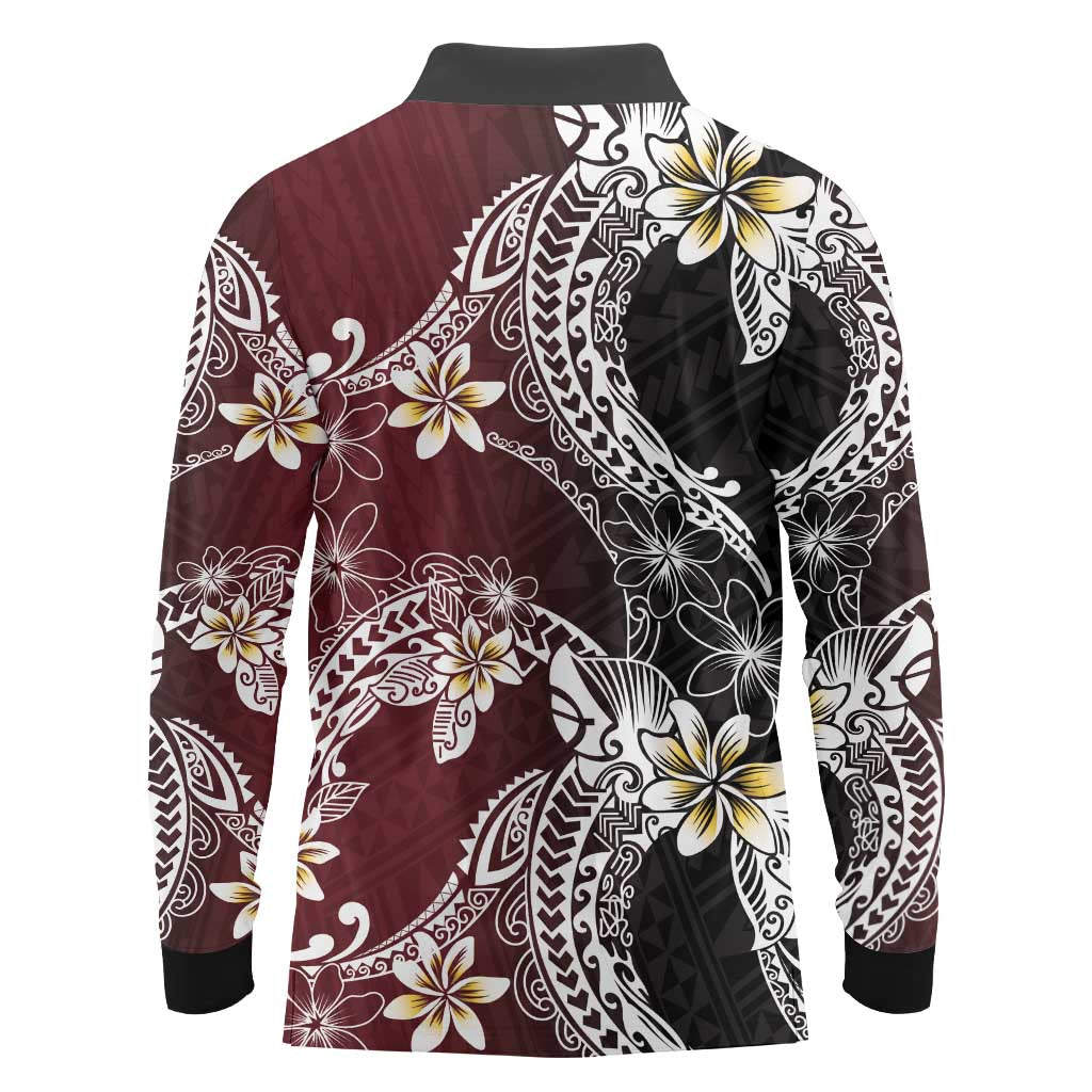 Polynesian Hawaiian Plumeria Tribal Pattern Long Sleeve Polo Shirt Special Wine Red Version
