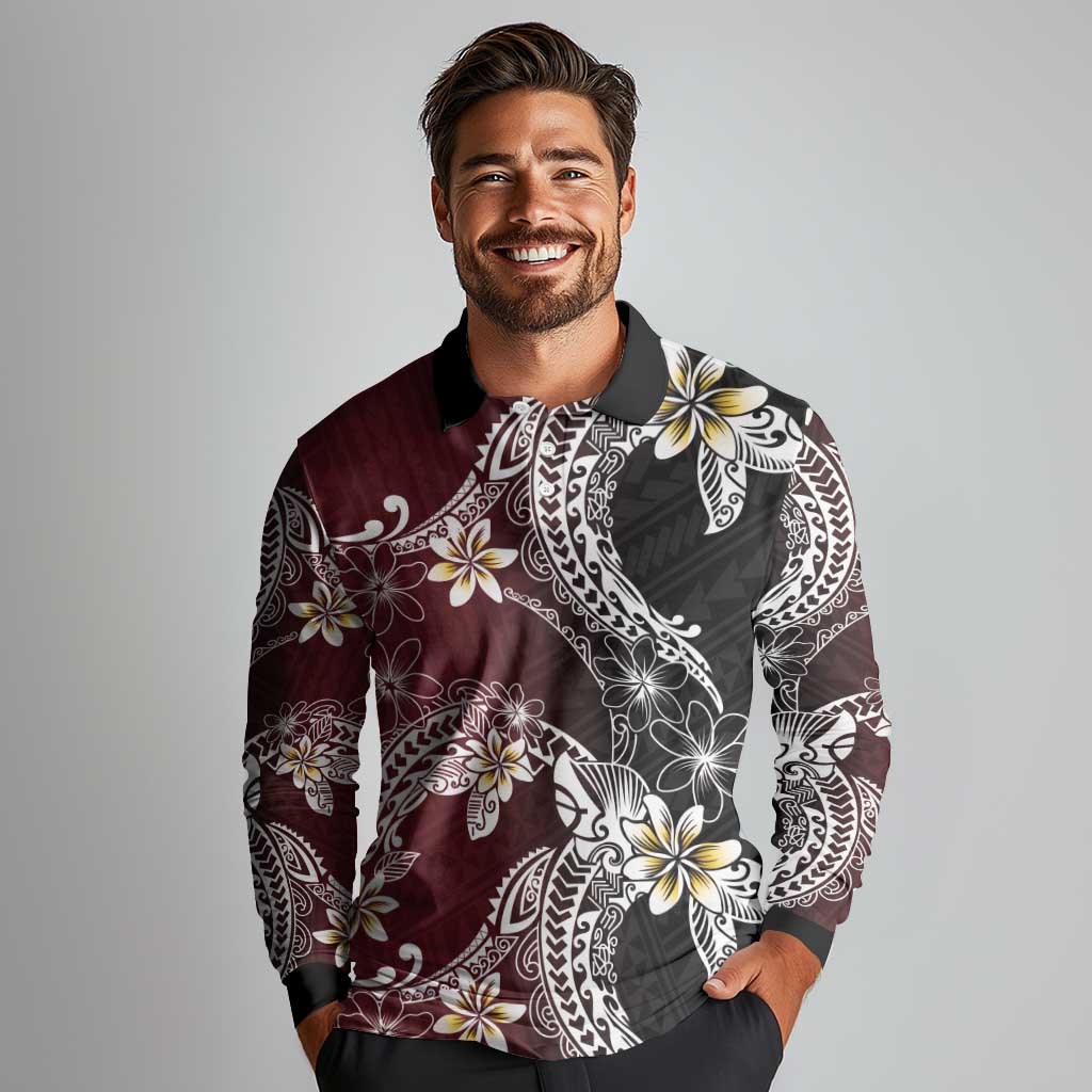 Polynesian Hawaiian Plumeria Tribal Pattern Long Sleeve Polo Shirt Special Wine Red Version