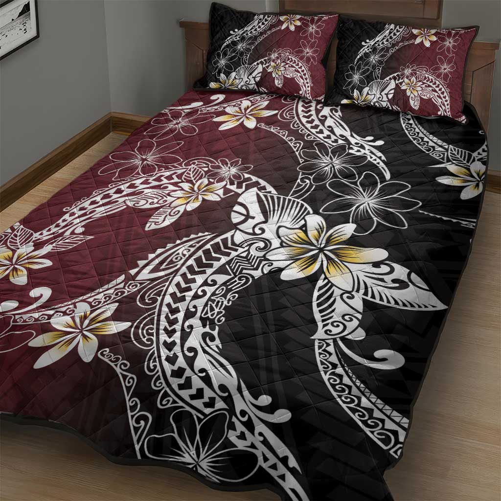Polynesian Hawaiian Plumeria Tribal Pattern Quilt Bed Set Special Wine Red Version