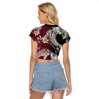 Polynesian Hawaiian Plumeria Tribal Pattern Raglan Cropped T Shirt Special Wine Red Version LT01 - Polynesian Pride