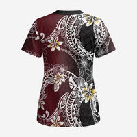 Polynesian Hawaiian Plumeria Tribal Pattern Scrub Top Special Wine Red Version - Polynesian Pride