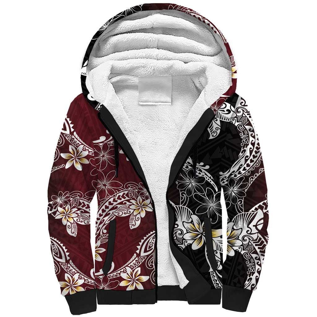 Polynesian Hawaiian Plumeria Tribal Pattern Sherpa Hoodie Special Wine Red Version