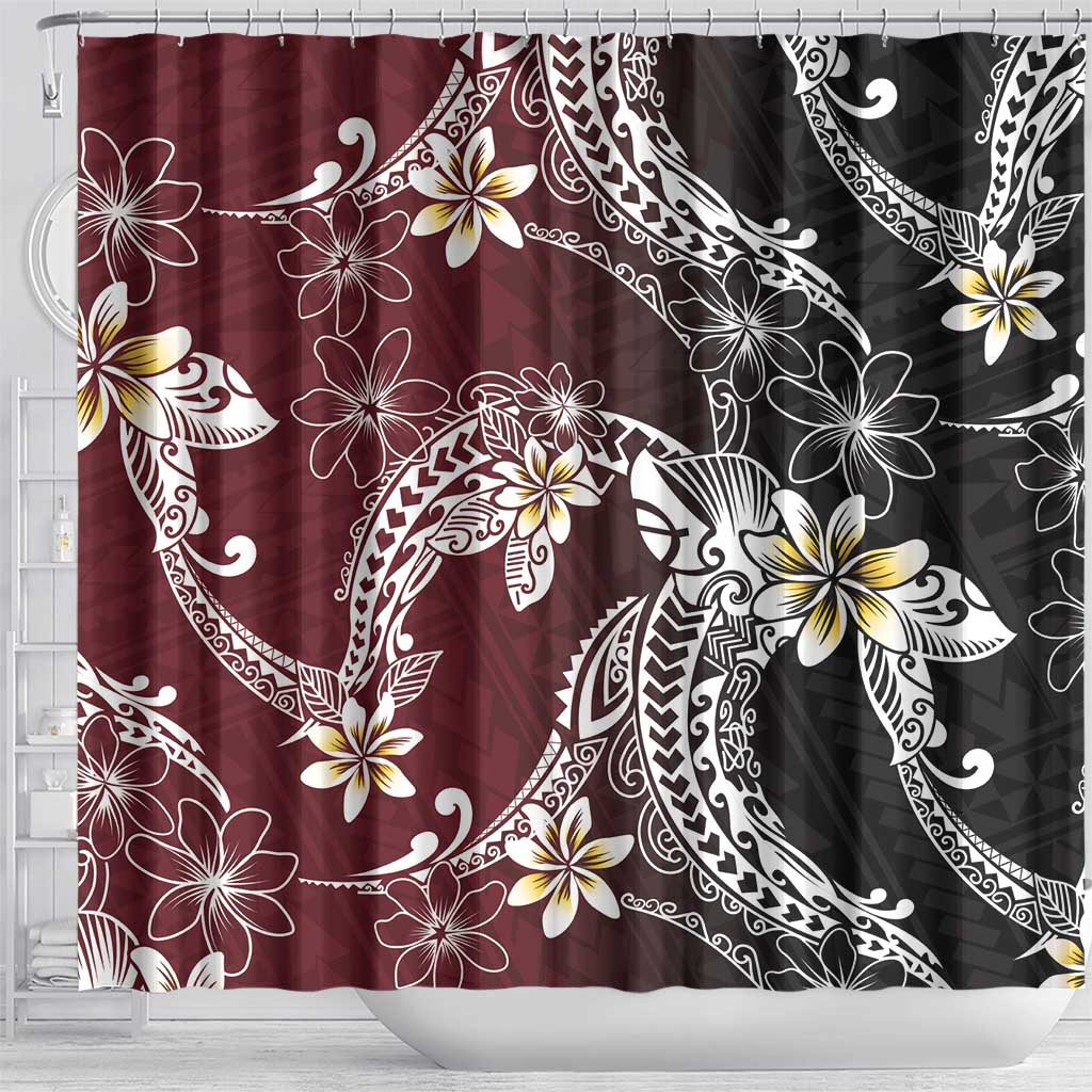 Polynesian Hawaiian Plumeria Tribal Pattern Shower Curtain Special Wine Red Version