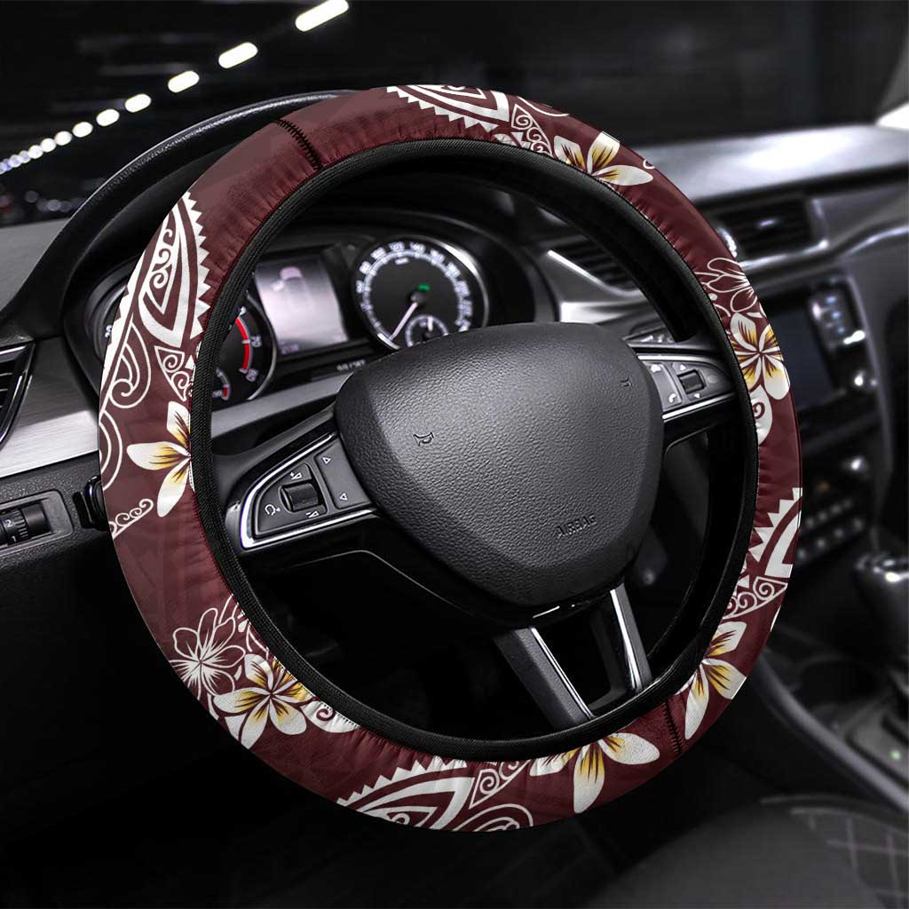 Polynesian Hawaiian Plumeria Tribal Pattern Steering Wheel Cover Special Wine Red Version LT01 Universal Fit Red - Polynesian Pride