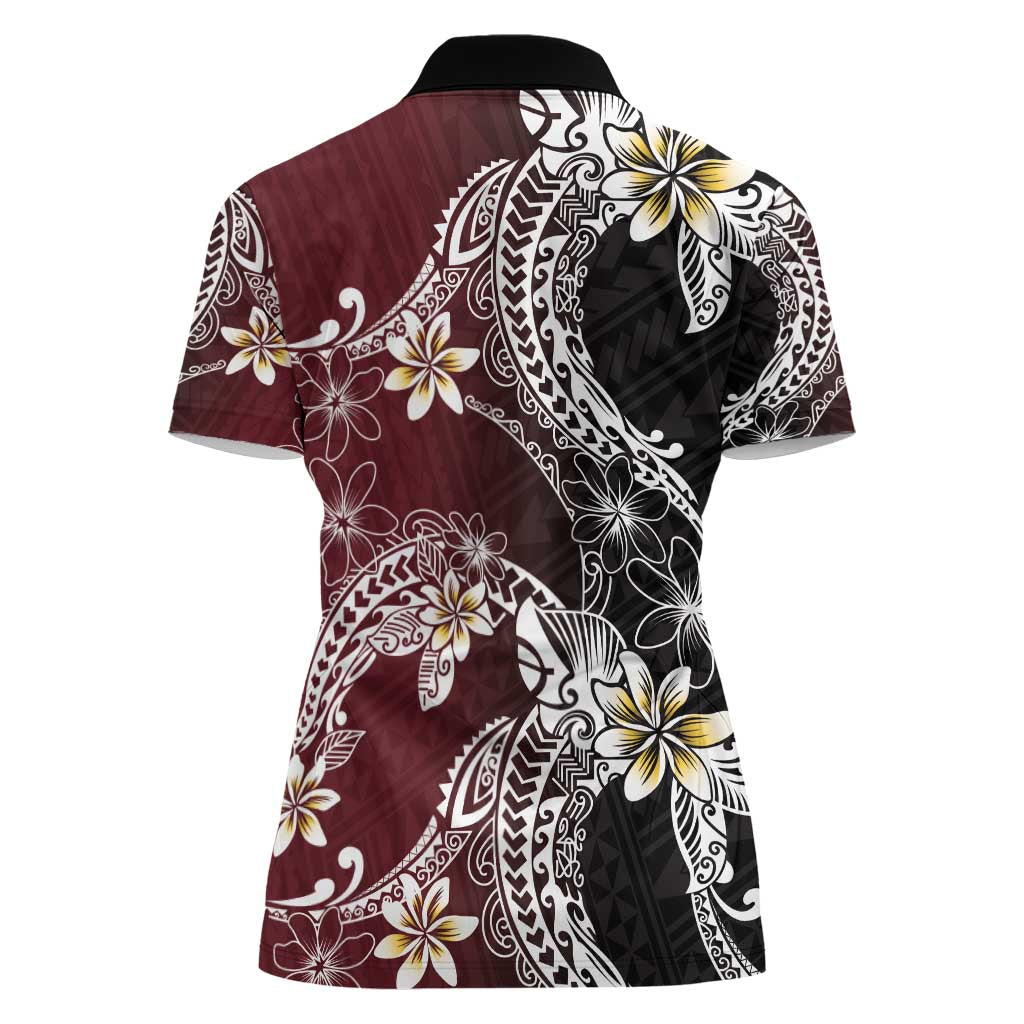 Polynesian Hawaiian Plumeria Tribal Pattern Women Polo Shirt Special Wine Red Version