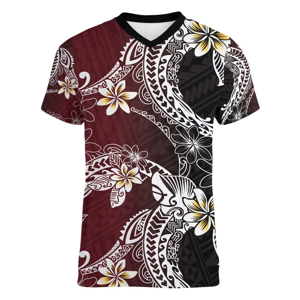 Polynesian Hawaiian Plumeria Tribal Pattern Women V-Neck T-Shirt Special Wine Red Version
