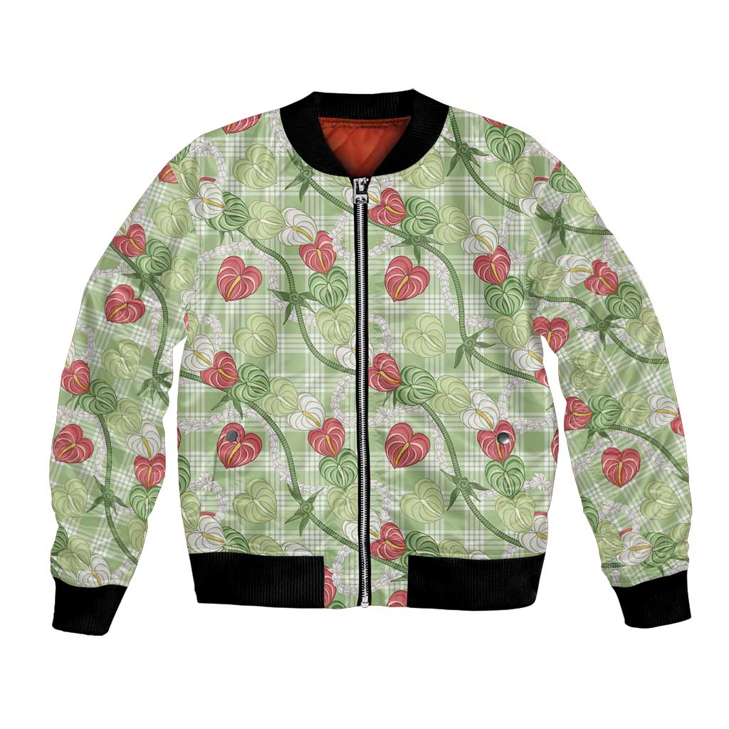 Anthurium Pikake Ti Leaf Palaka Bomber Jacket Green Version LT01 Unisex Green - Polynesian Pride