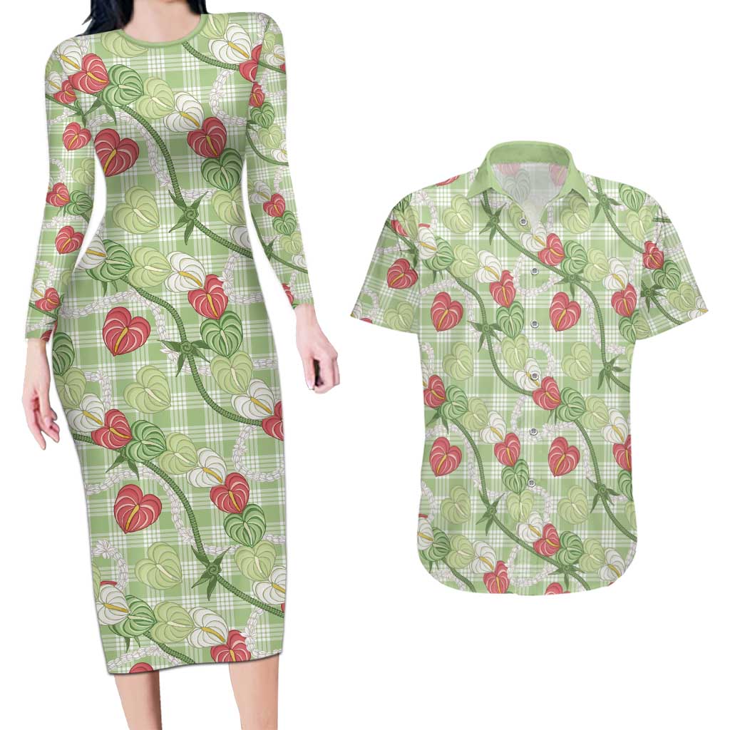 Anthurium Pikake Ti Leaf Palaka Couples Matching Long Sleeve Bodycon Dress and Hawaiian Shirt Green Version LT01 Green - Polynesian Pride