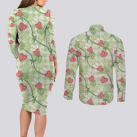 Anthurium Pikake Ti Leaf Palaka Couples Matching Long Sleeve Bodycon Dress and Long Sleeve Button Shirt Green Version LT01 - Polynesian Pride