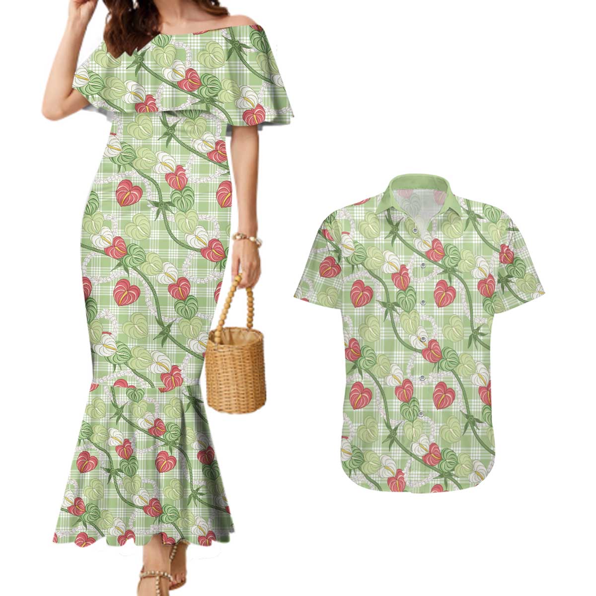 Anthurium Pikake Ti Leaf Palaka Couples Matching Mermaid Dress and Hawaiian Shirt Green Version LT01 Green - Polynesian Pride