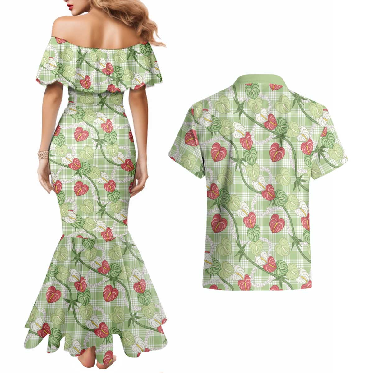 Anthurium Pikake Ti Leaf Palaka Couples Matching Mermaid Dress and Hawaiian Shirt Green Version LT01 - Polynesian Pride