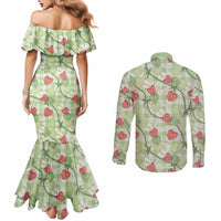 Anthurium Pikake Ti Leaf Palaka Couples Matching Mermaid Dress and Long Sleeve Button Shirt Green Version LT01 - Polynesian Pride