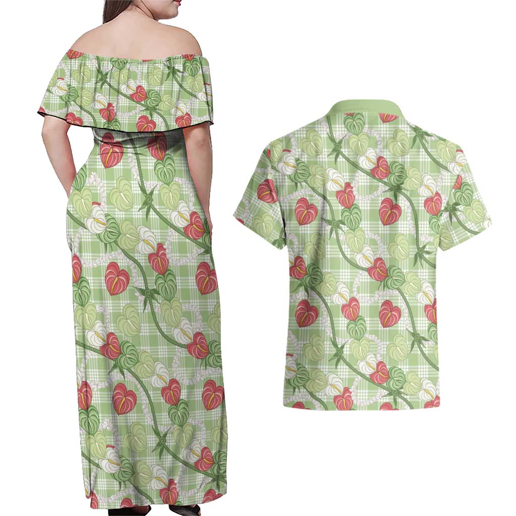 Anthurium Pikake Ti Leaf Palaka Couples Matching Off Shoulder Maxi Dress and Hawaiian Shirt Green Version LT01 - Polynesian Pride