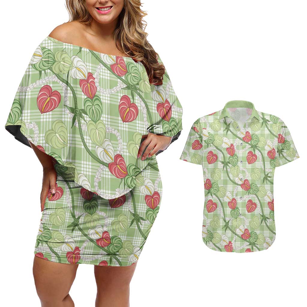 Anthurium Pikake Ti Leaf Palaka Couples Matching Off Shoulder Short Dress and Hawaiian Shirt Green Version LT01 Green - Polynesian Pride