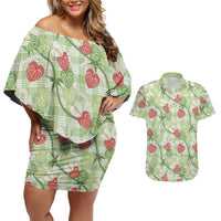 Anthurium Pikake Ti Leaf Palaka Couples Matching Off Shoulder Short Dress and Hawaiian Shirt Green Version LT01 Green - Polynesian Pride