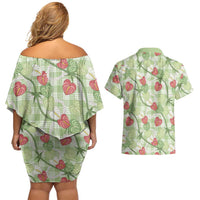Anthurium Pikake Ti Leaf Palaka Couples Matching Off Shoulder Short Dress and Hawaiian Shirt Green Version LT01 - Polynesian Pride