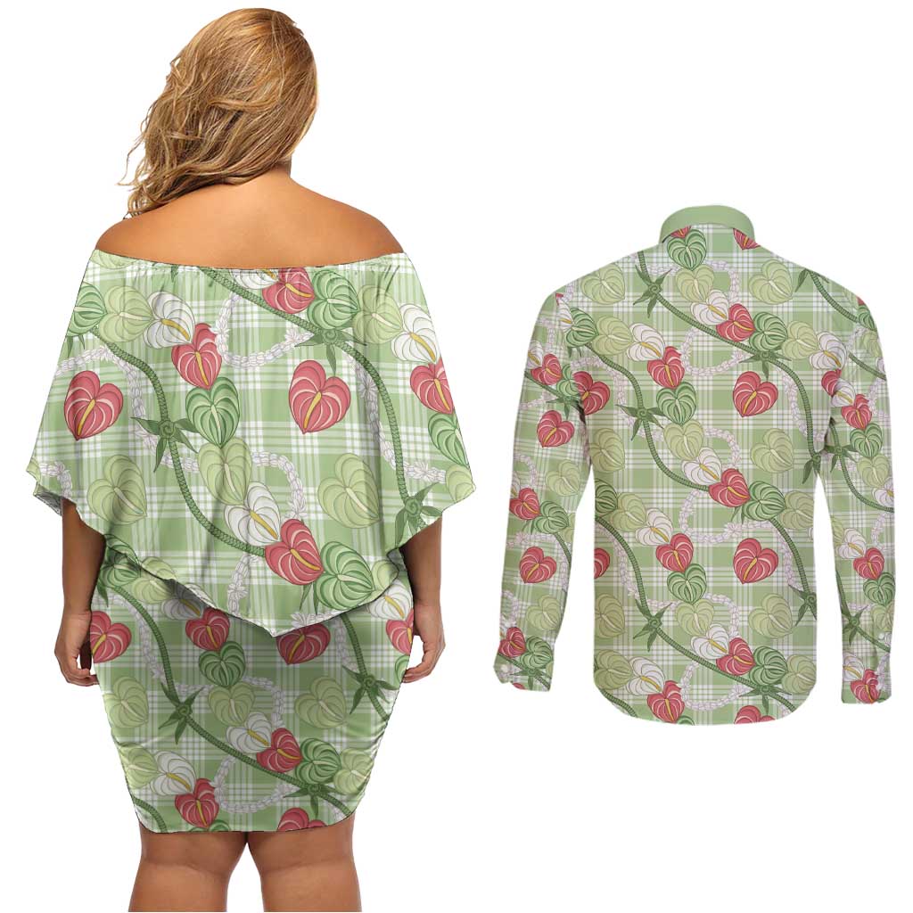 Anthurium Pikake Ti Leaf Palaka Couples Matching Off Shoulder Short Dress and Long Sleeve Button Shirt Green Version LT01 - Polynesian Pride