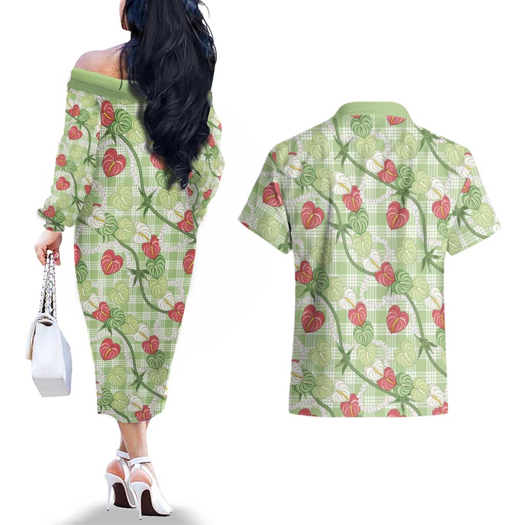 Anthurium Pikake Ti Leaf Palaka Couples Matching Off The Shoulder Long Sleeve Dress and Hawaiian Shirt Green Version LT01 - Polynesian Pride