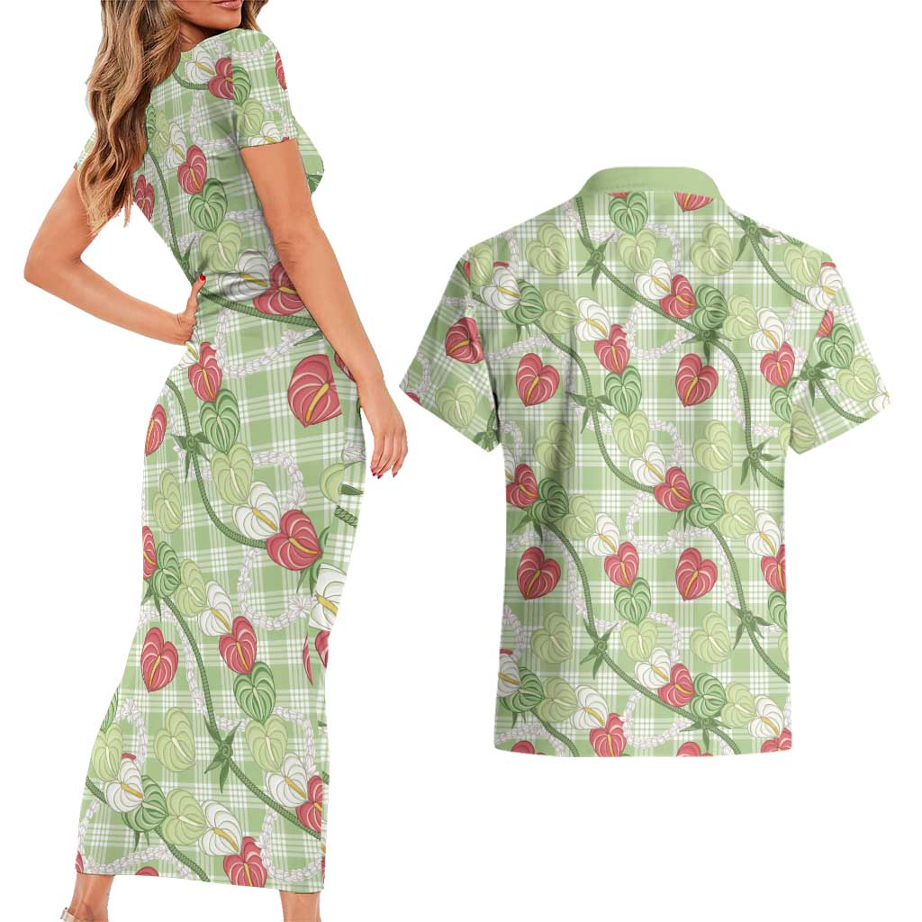 Anthurium Pikake Ti Leaf Palaka Couples Matching Short Sleeve Bodycon Dress and Hawaiian Shirt Green Version LT01 - Polynesian Pride